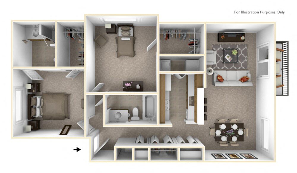 Floor plan for 2 beds, 2 baths, 1023 sqft